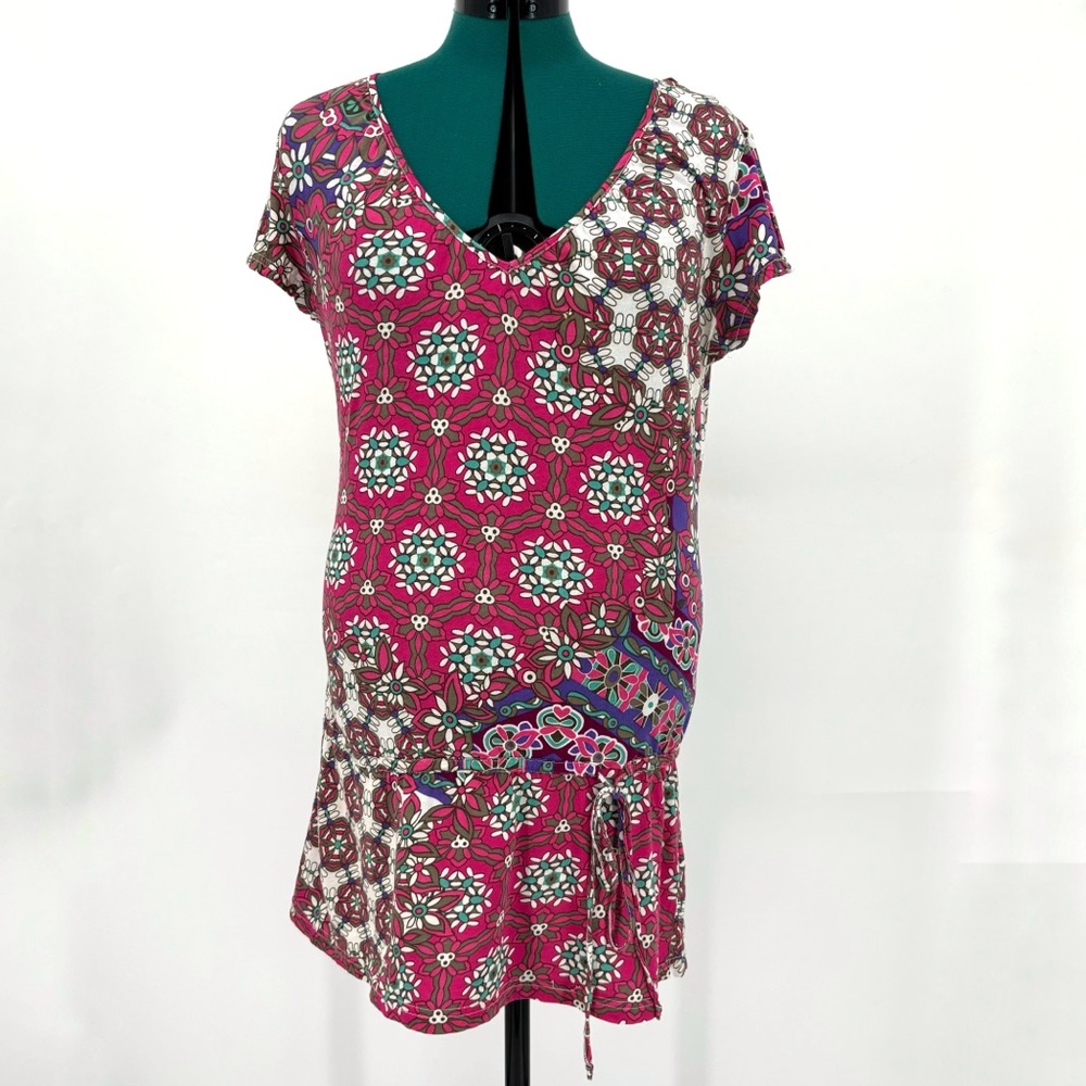 Miss Etam Multicoloured Patterned Short Sleeve V-Neck Drop Waist Tunic, Large